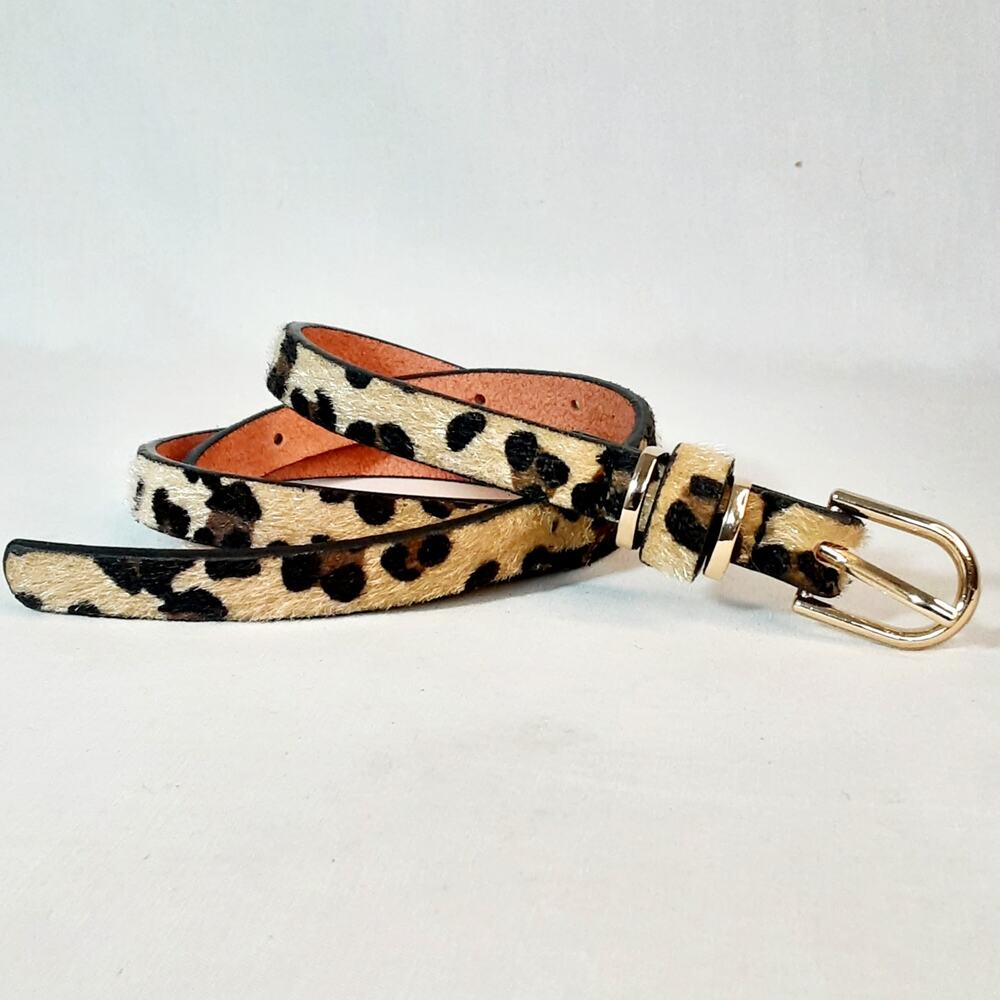 Womens Beige Black Brown Hairy Leopard Print Skinny Belt Size Small Medium